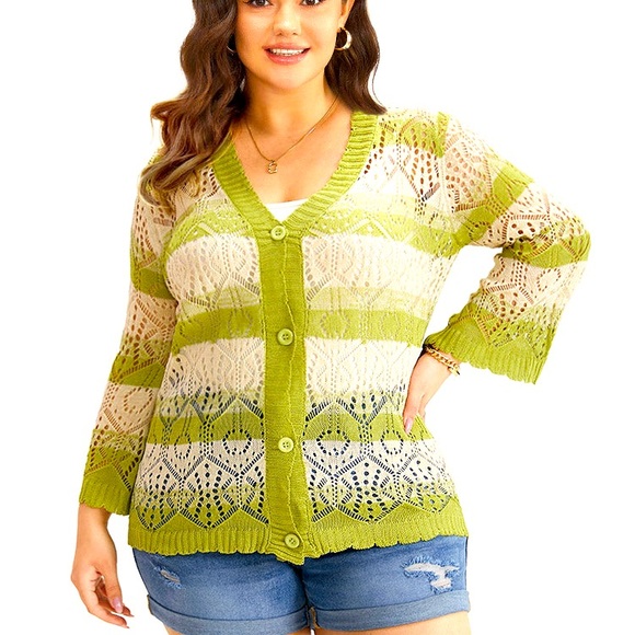 NWOT BloomChic “MEMORY” stripe pointelle cardigan sweater. Kiwi and ecru. Sz 12 - Picture 5 of 11